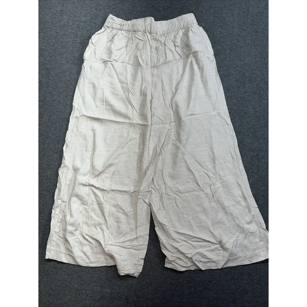 H&M Women's pants linen blend elastic waist size 10 Tan Wide Leg